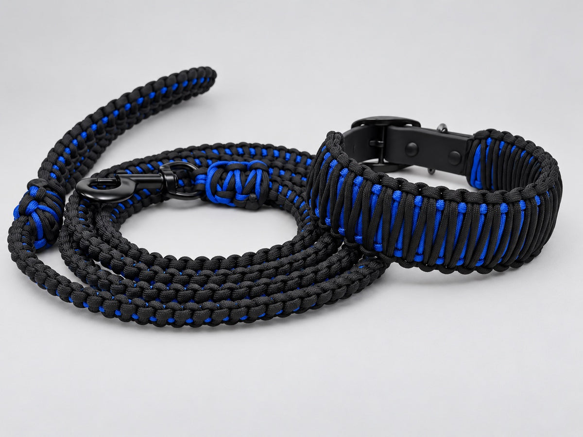 Example custom combo — Cobalt Widow colors: black and cobalt blue paracord