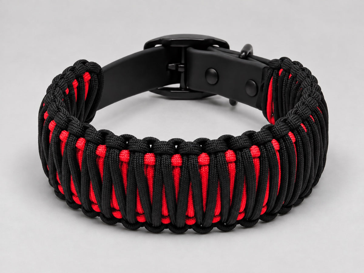 Black Widow collar close-up — black paracord weave with red core
