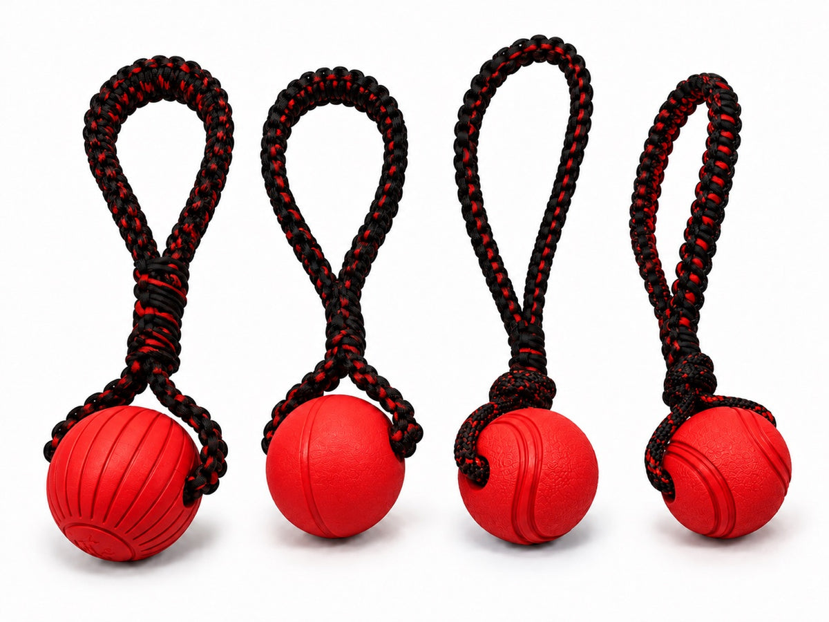 Tug Ops toys in the Black Widow colorway — black and red paracord with red balls