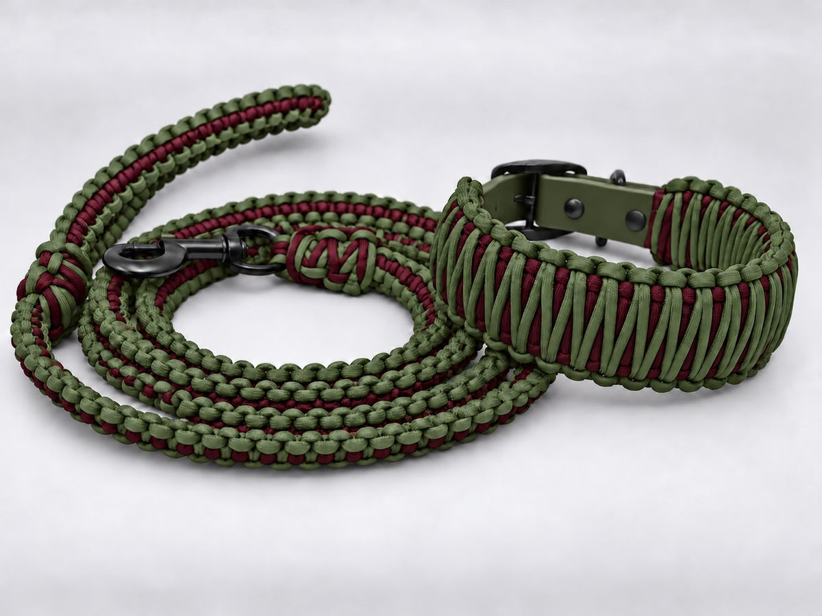 Bloodwood matching leash and collar set — maroon and olive paracord