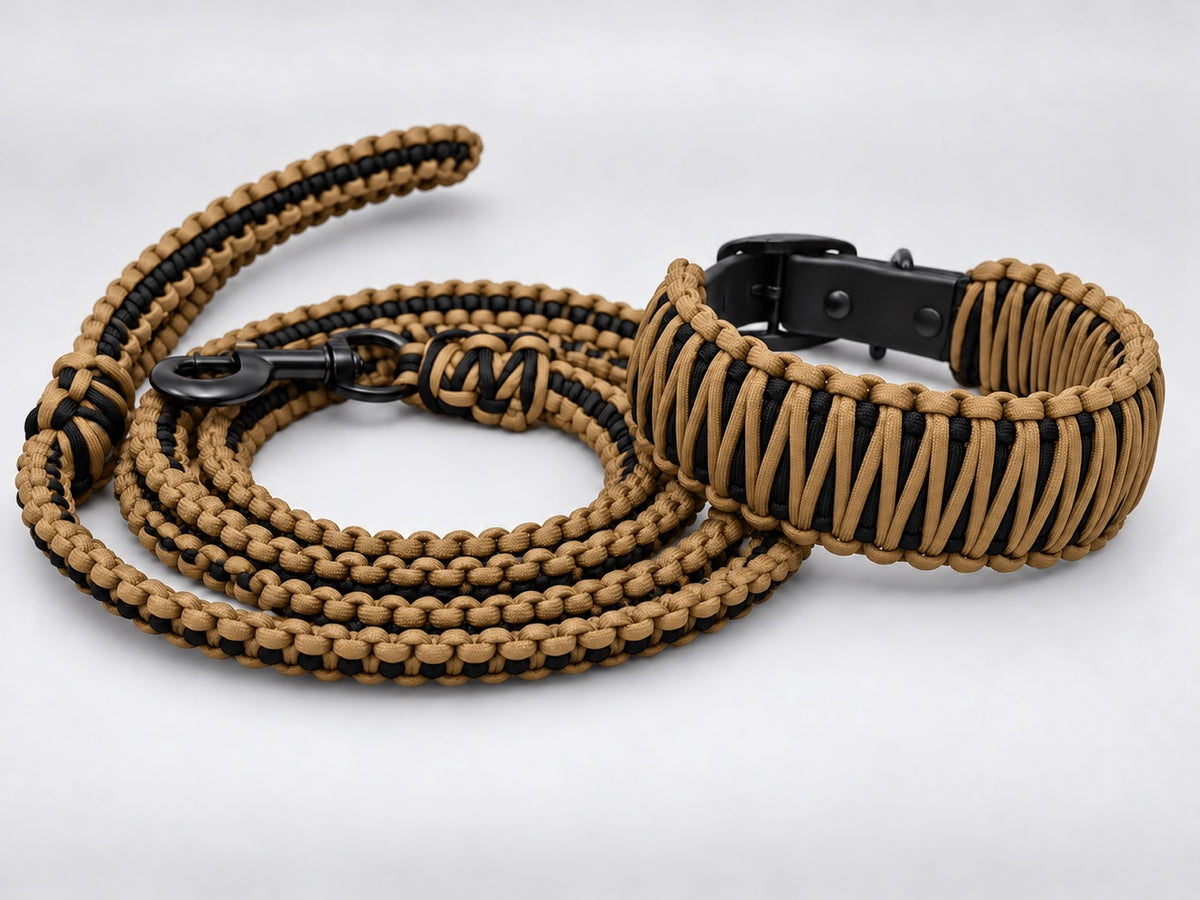 Coyote Ridge matching leash and collar set — tan and black paracord