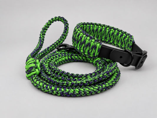 Example custom combo — Poison Tree Frog colors: neon green and purple paracord, black strap