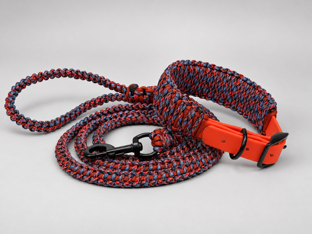 Red Fox matching leash and collar set — red and blue speckled cord, red-orange BioThane strap