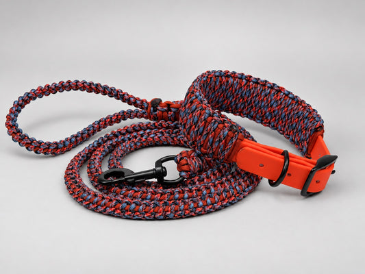 Example custom combo — Red Fox colors: red and blue speckled cord, red-orange strap