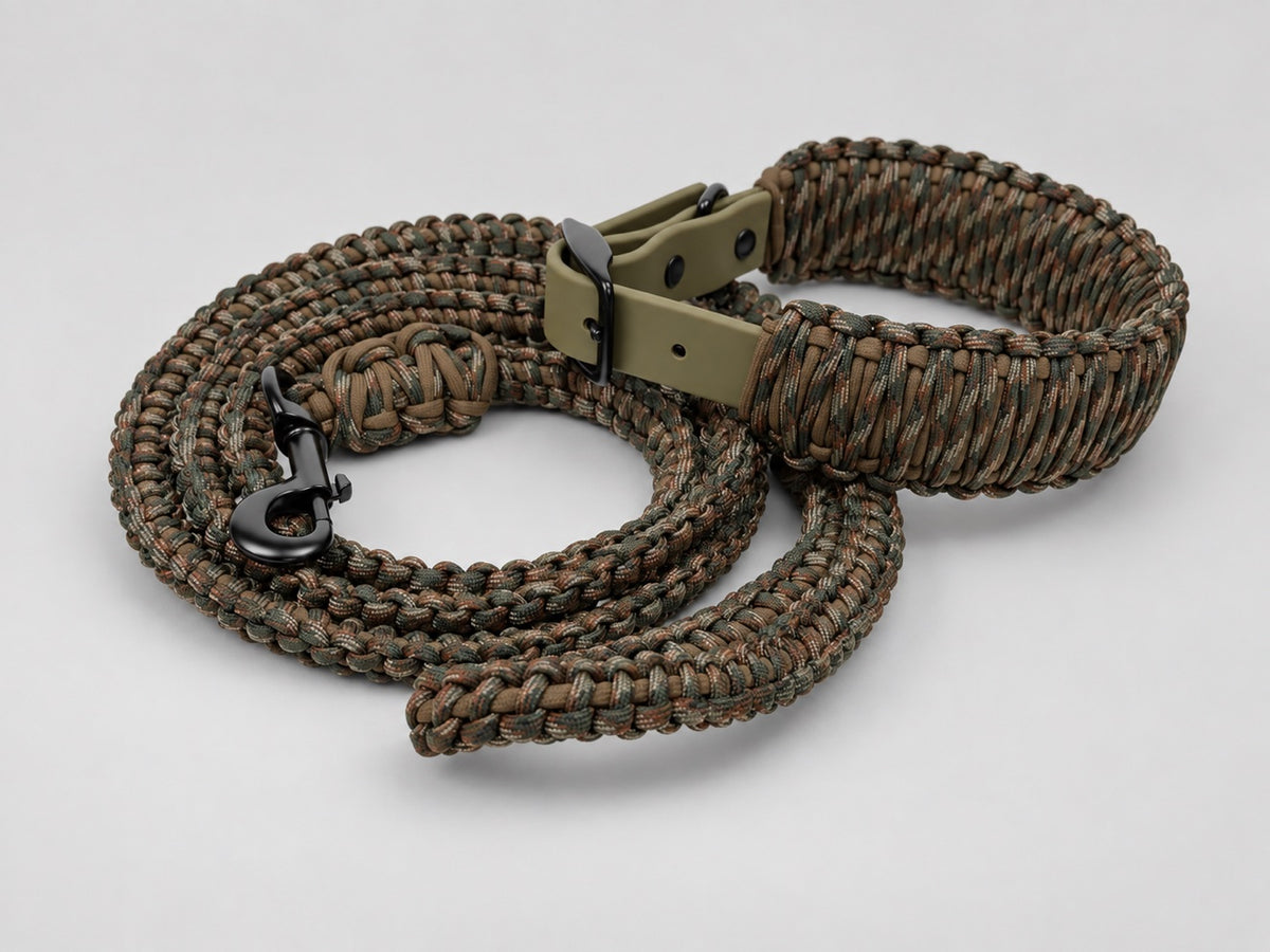 Timberwolf matching leash and collar set — woodland camo wrap