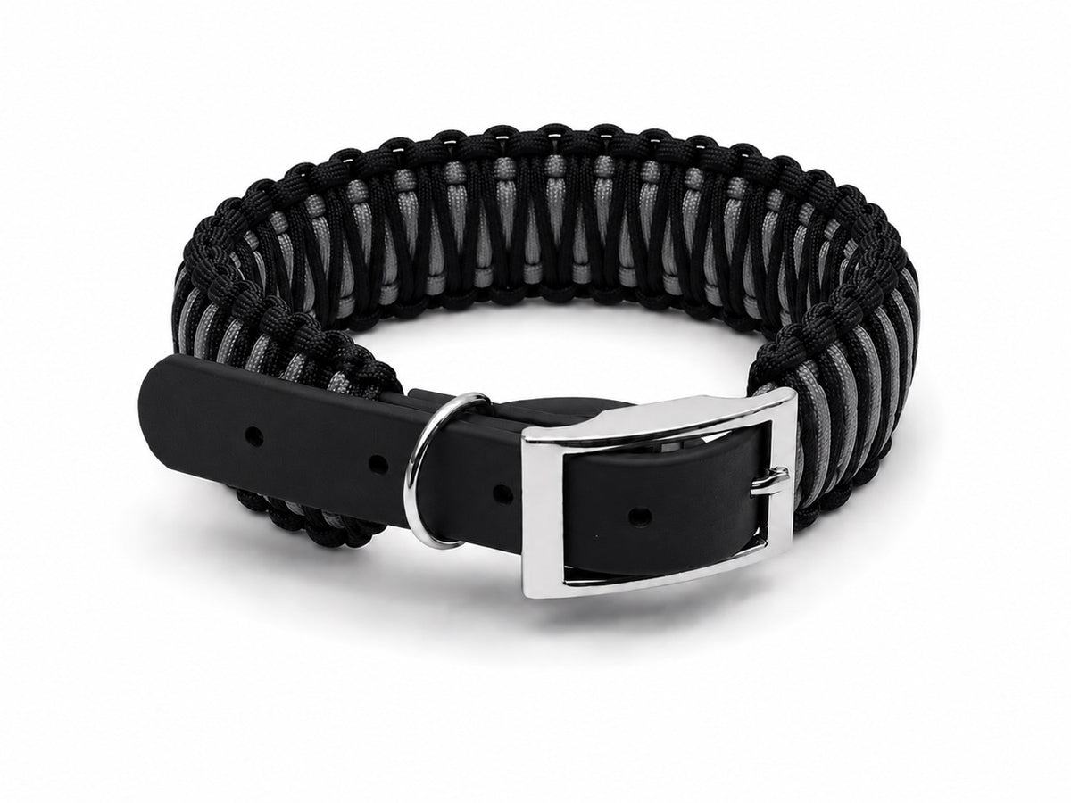 Black and grey paracord collar with black biothane