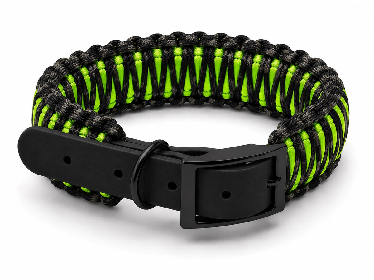 Black and neon green paracord collar with black biothane