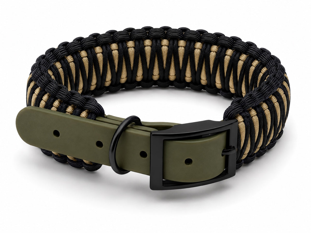 Black and tan paracord collar with olive biothane