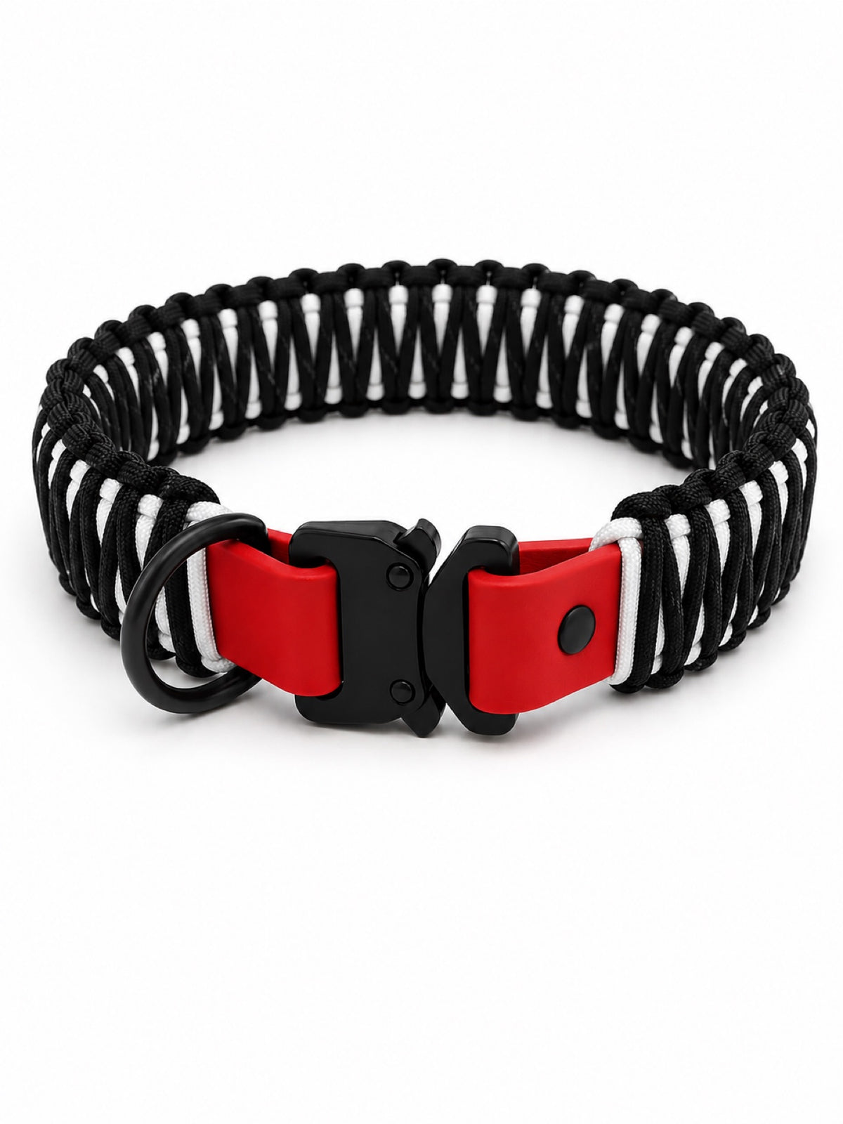 Black and white paracord collar with red biothane and cobra buckle
