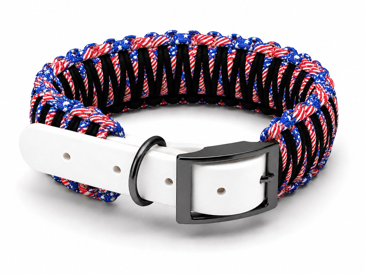 American flag paracord collar with white biothane