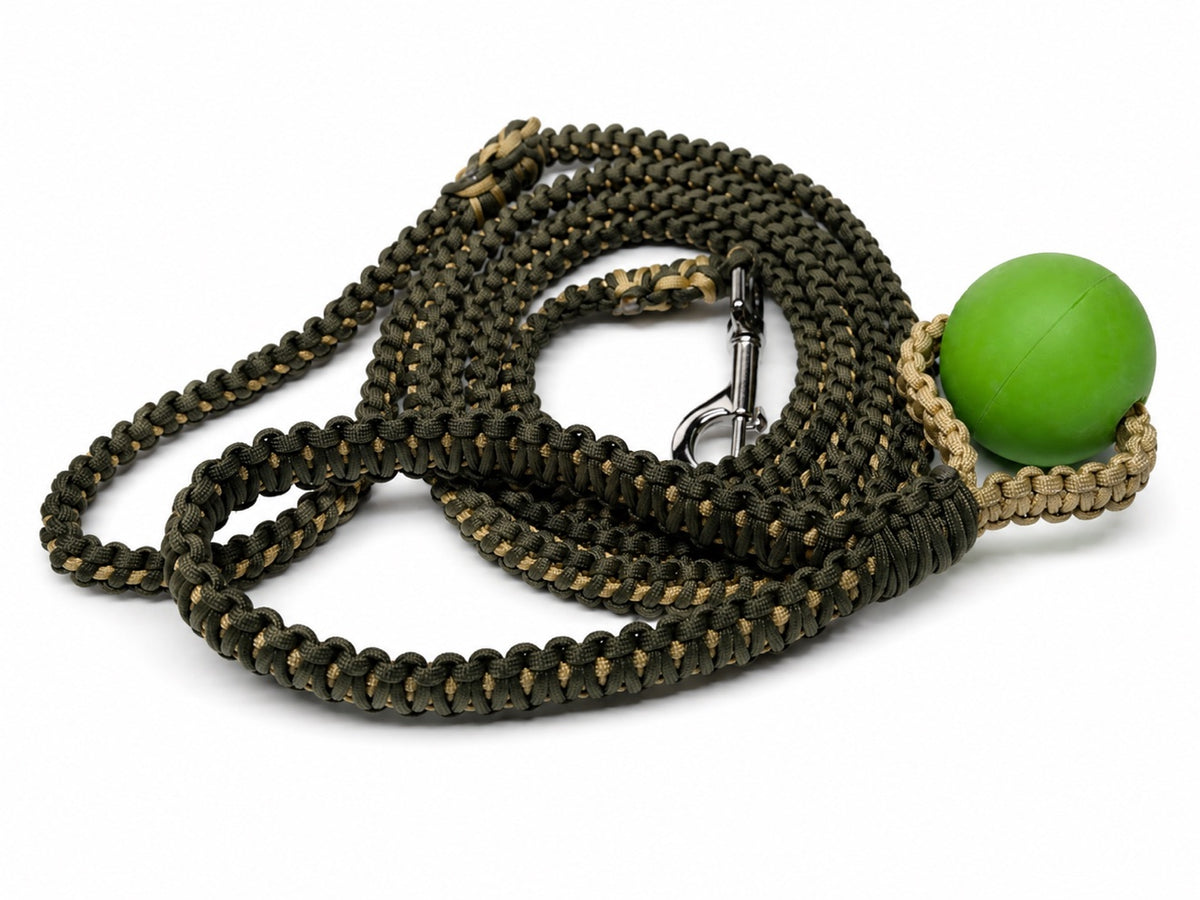 Olive paracord tug toy with green ball
