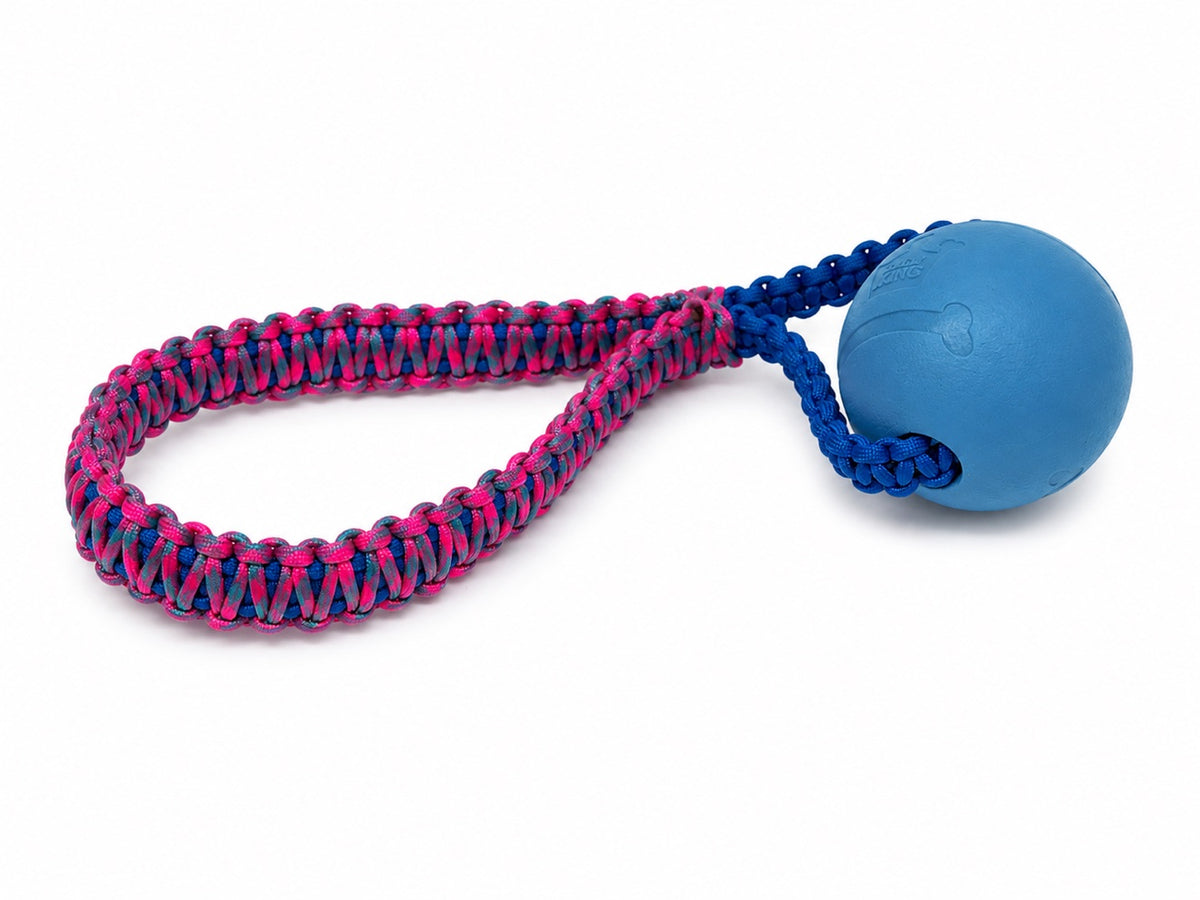 Pink and blue paracord tug toy with blue ball
