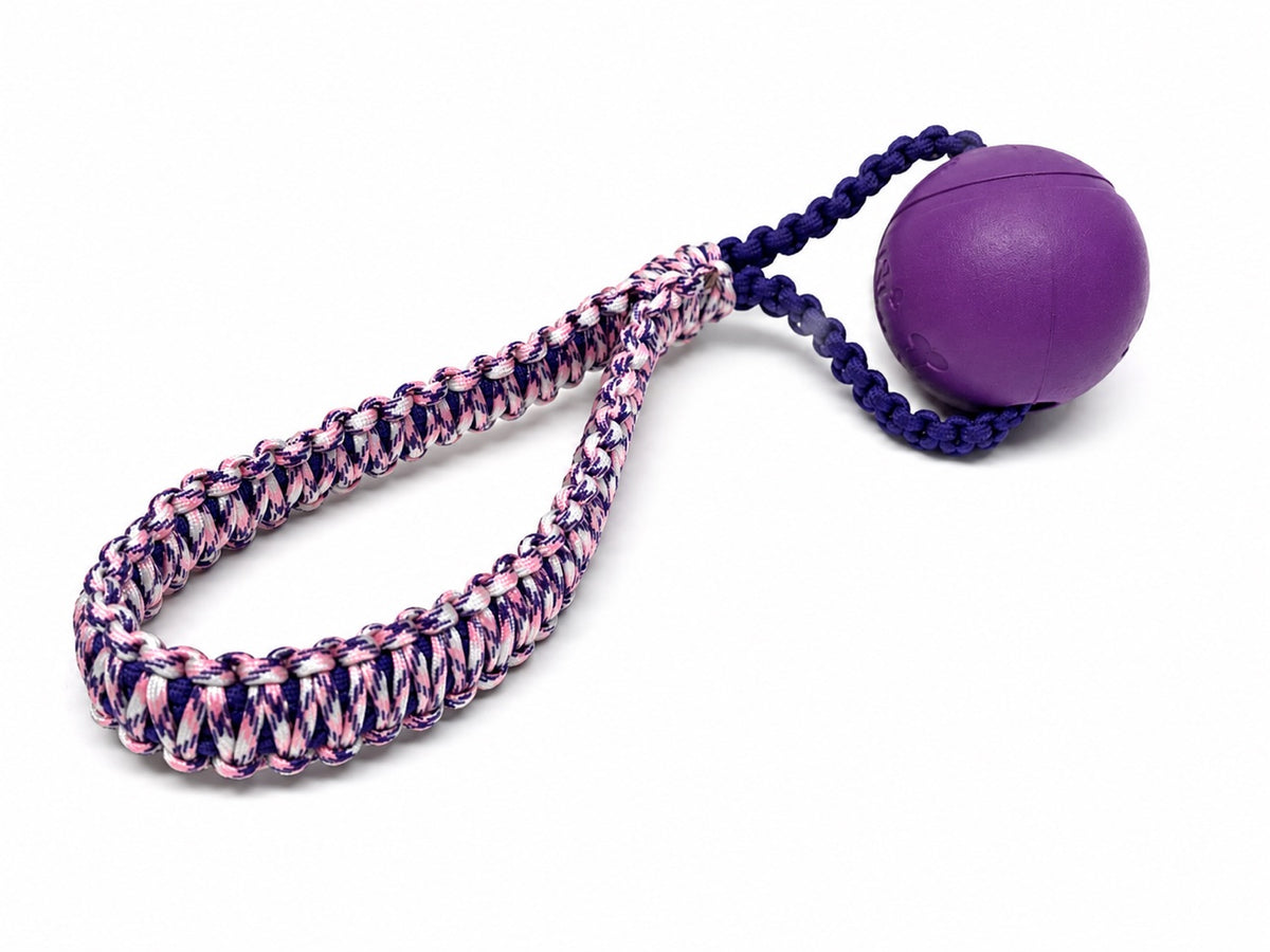 Pink and purple paracord tug toy with purple ball
